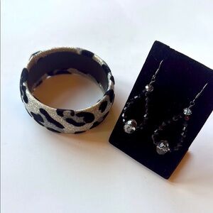 Elegant Black and Silver Beaded Earrings and Zebra Bracelet Jewelry Set
